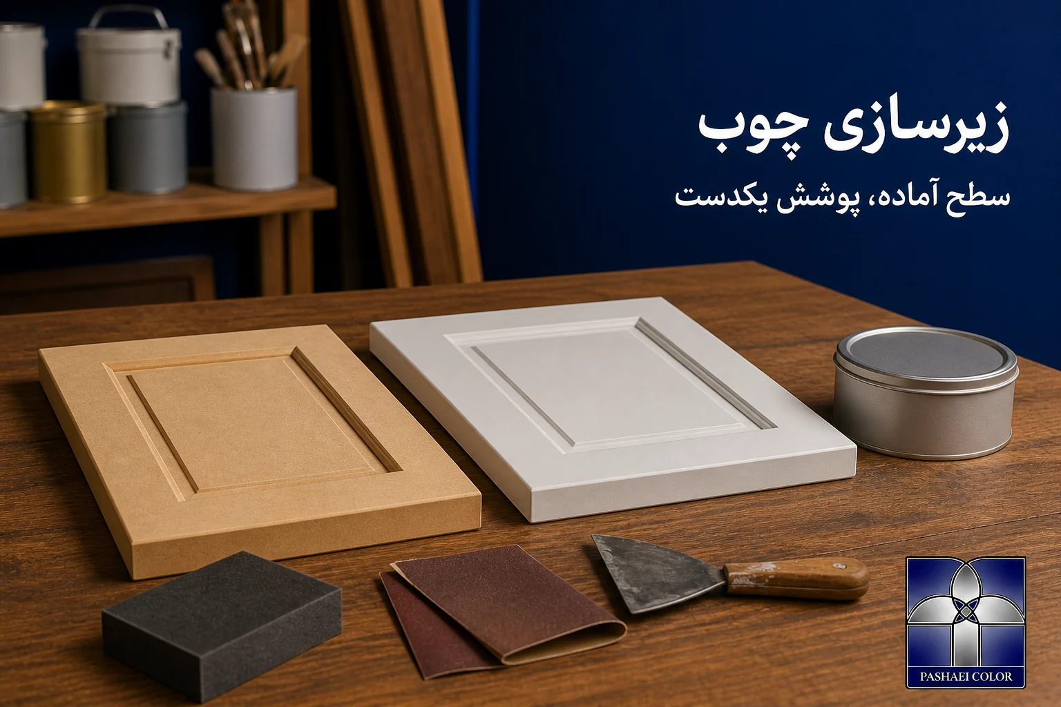 نمونه MDF خام و سطح پرایمرخورده همراه ابزار آماده‌سازی چوب